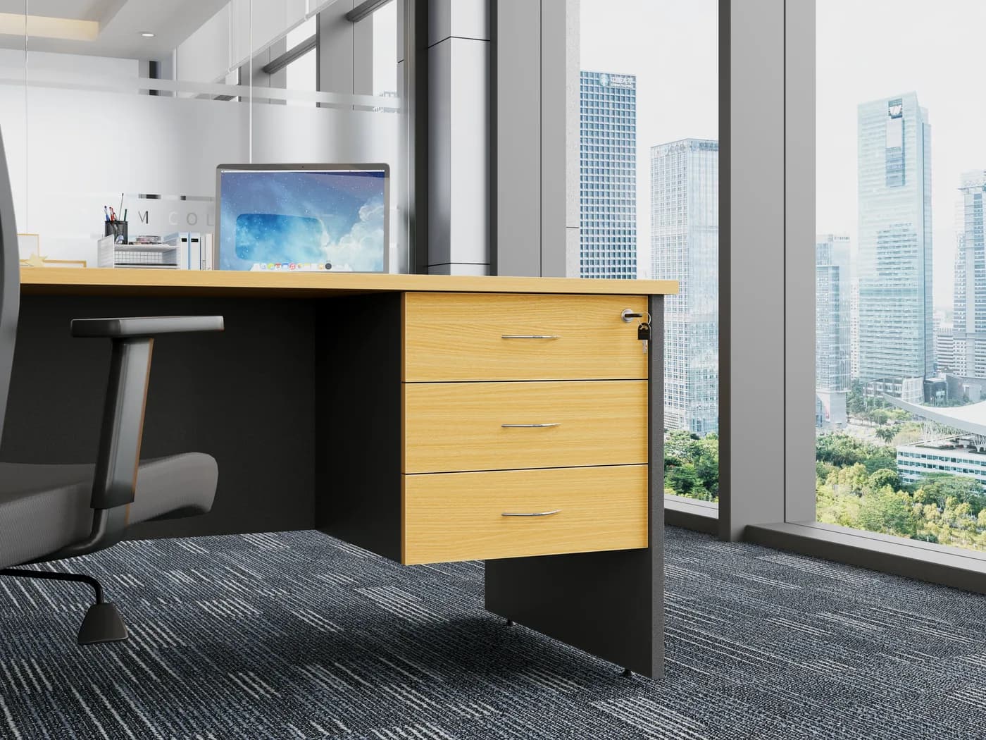 Fixed Pedestal 3 D Beech/Irons shown in an office setting
